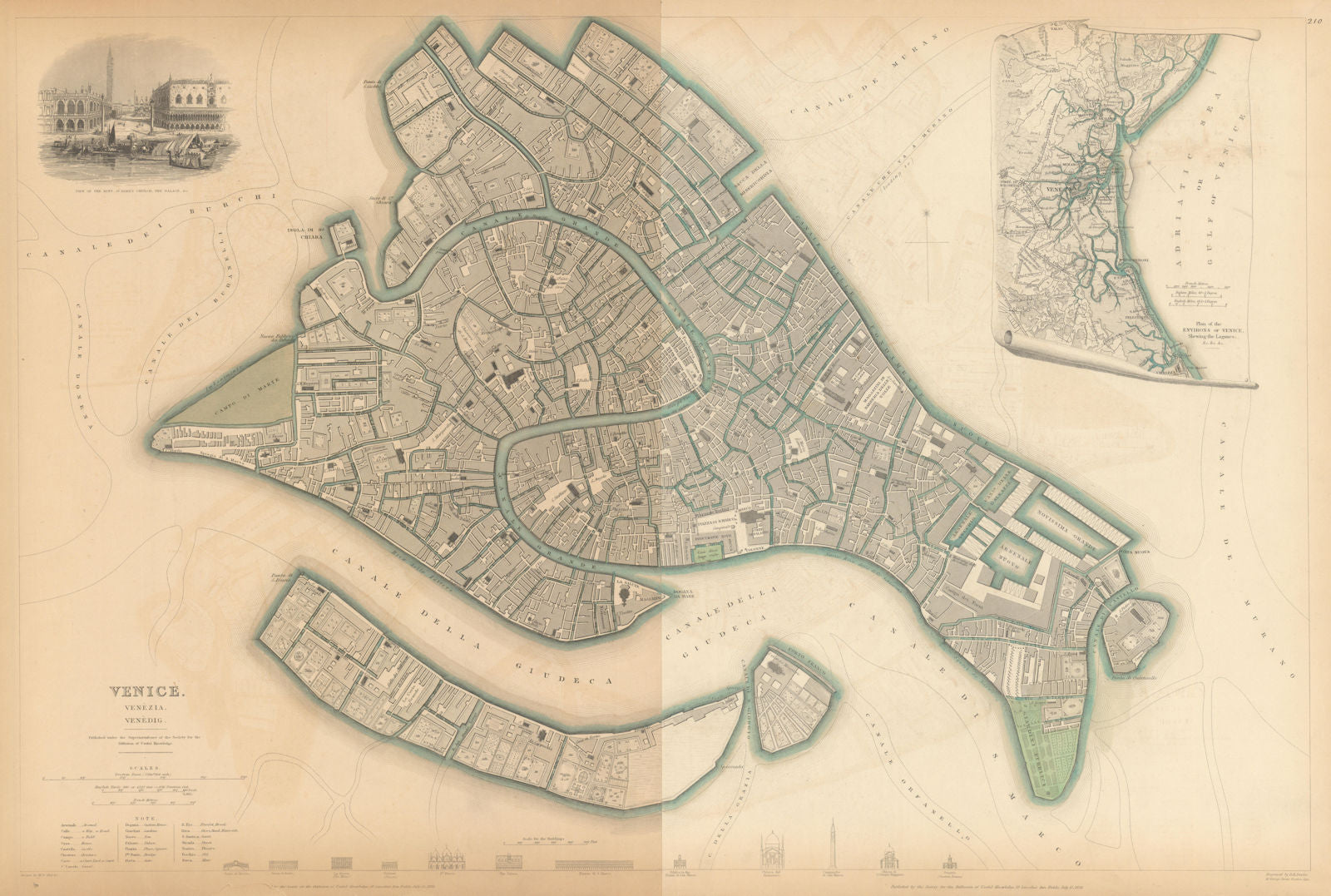 VENICE VENEZIA VENEDIG. Antique town city map plan. Environs. LARGE. SDUK 1844